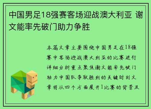 中国男足18强赛客场迎战澳大利亚 谢文能率先破门助力争胜